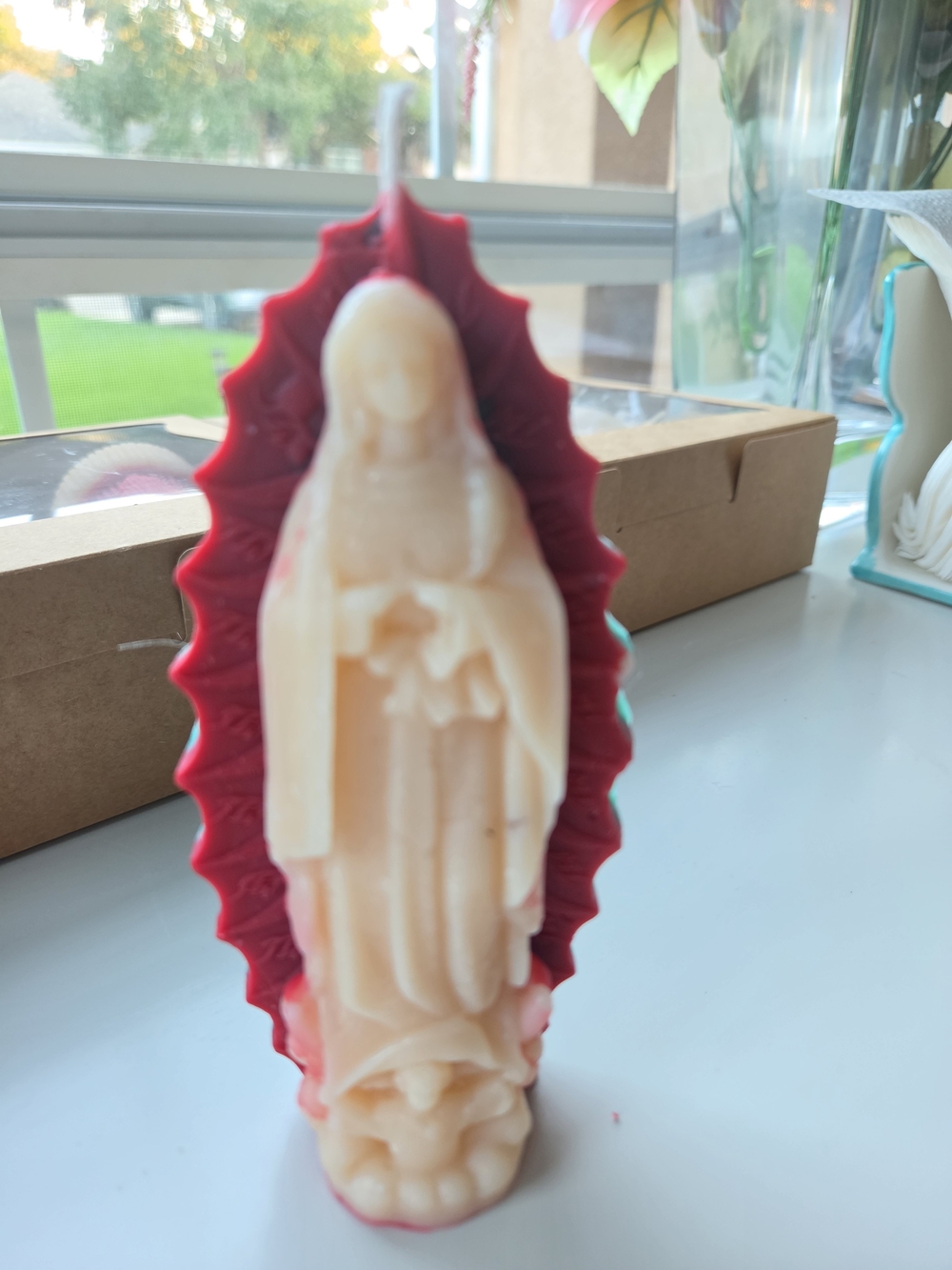 Red and Cream Religious Figurine Candle - Home Accents